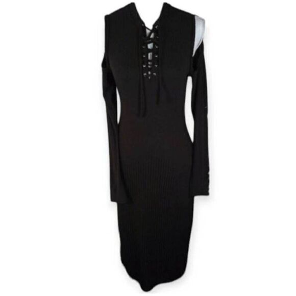 AVEC LES FILLES RIBBED BLACK COLD SHOULDER BODYCON LONG SLEEVE DRESS SZ.M EUC. - Picture 4 of 10